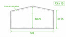 13x13 modular banner size drawing, 123 inches wide, 60.75 inches at the peak, 51.25 inches at the sides, 2 or 4 inch velcro