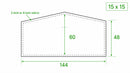 15x15 modular banner size drawing, 144 inches wide, 60 inches at the peak, 48 inches at the sides, 2 or 4 inch velcro