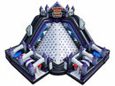 Haunted House Challenge front view, white climbing wall with navy blue handholds and two front obstacle lanes
