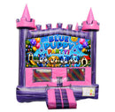 Puppy Party modular banner with three blue cartoon puppies and a golden one, balloons and doghouses, mounted on a modular jumper