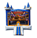 Rodeo modular banner with a bull rider, bronco rider and cowboys in an arena, mounted on a modular jumper
