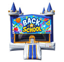 Back to School modular banner with bold lettering, books, apple and a crayon, mounted on a modular jumper