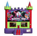 Baseball Drip modular banner with pink and blue melting frosting on baseballs, bats, helmet, glove and waffle-cone home plate, mounted on a modular jumper