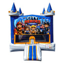 City Heroes modular banner with a firefighter, police officer and construction crew, fire truck and patrol car, mounted on a modular jumper