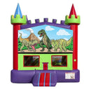 Dinosaur banner on a red and purple castle bounce house