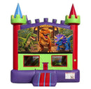 Dinosaur Park banner on a red and purple castle bounce house
