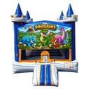 Dinosaurs modular banner with a T-rex, triceratops and brontosaurus below an erupting volcano, mounted on a modular jumper