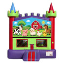 Farmland modular banner with a red barn, cow, pig, lamb, chicken, duckling and horse, mounted on a modular jumper