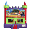 Grand Slam Stadium Baseball modular banner with a kid pitcher throwing a flaming fastball, batter, catcher and umpire under a stadium scoreboard, mounted on a modular jumper