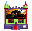 Halloween banner on a red and purple castle bounce house