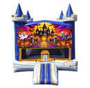 Halloween Haunted Castle modular banner with a glowing castle, friendly ghost, skeleton and pumpkins, mounted on a modular jumper