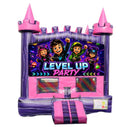 Level Up Party modular banner with four kids in gaming headsets and neon lettering, mounted on a modular jumper