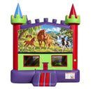 Meadow Ponies modular banner with a chestnut mare and foals running through a wildflower meadow by a waterfall, mounted on a modular jumper