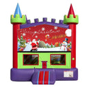 Merry Christmas banner on a red and purple castle bounce house
