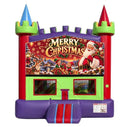 Merry Christmas Sleigh modular banner with gold lettering, Santa, a reindeer and elves, mounted on a modular jumper