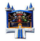 Race Crew modular banner with three go-kart drivers, checkered flags and speedometers, mounted on a modular jumper