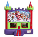 Santa's Ski Run modular banner with Santa, elves and a penguin skiing downhill beside two reindeer, mounted on a modular jumper