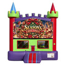 Season's Greetings modular banner with a giant ornament wreath, elves and a reindeer, mounted on a modular jumper