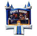 Sports modular banner with four young athletes playing basketball, soccer, football and baseball, mounted on a modular jumper