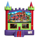 Firehouse Pals modular banner with kid firefighters, a Dalmatian pup and two fire trucks outside the station, mounted on a modular jumper
